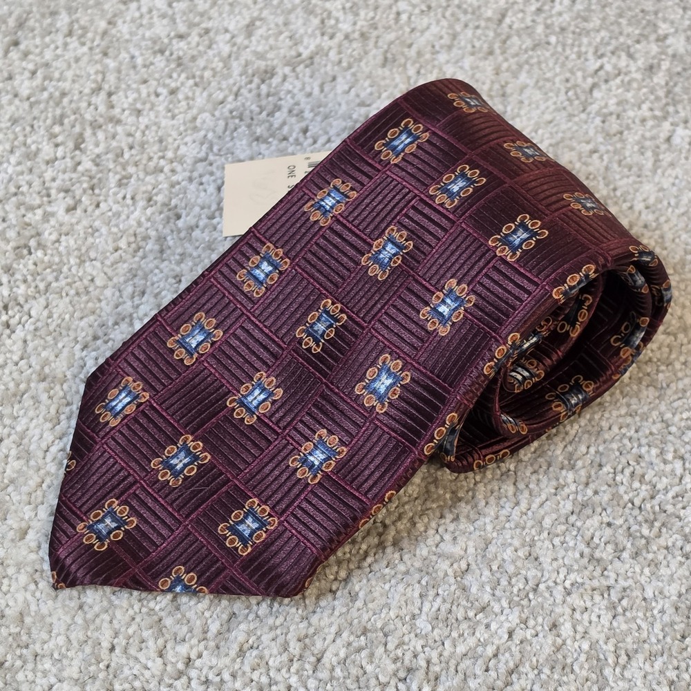 Ermenegildo Zegna Mens Silk Tie Burgundy Blue Geometric Woven Made Italy NWT